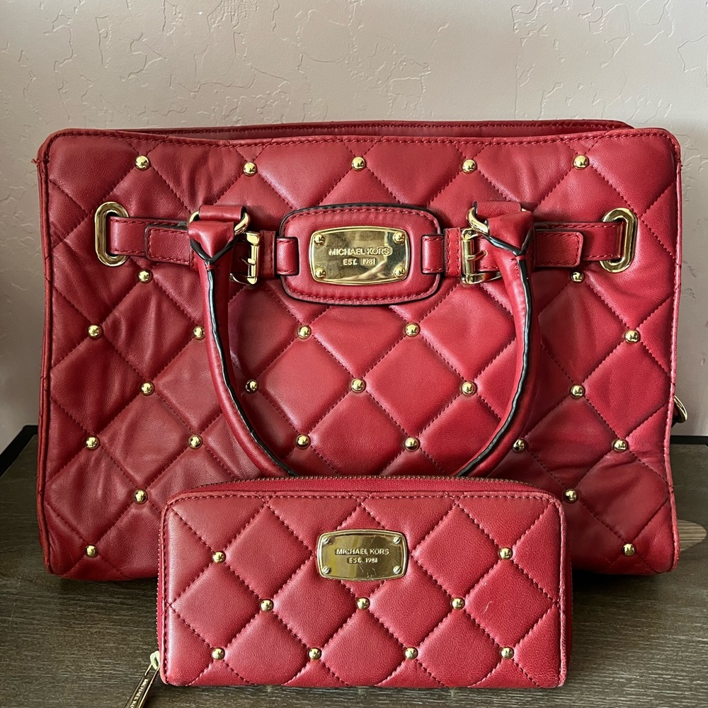 Michael Kors Red Studded Tote Bag and Wallet